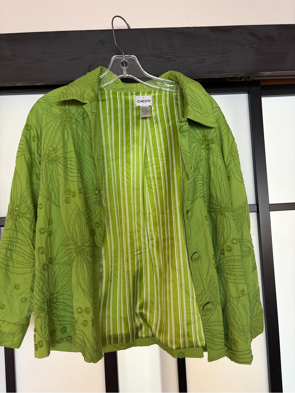 Chico's Bright Green Embroidered Shirt Jacket